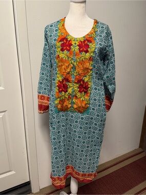 Pakistani Teal Embroidered Kurta | Floral Embroidery | Traditional Desi Tunic